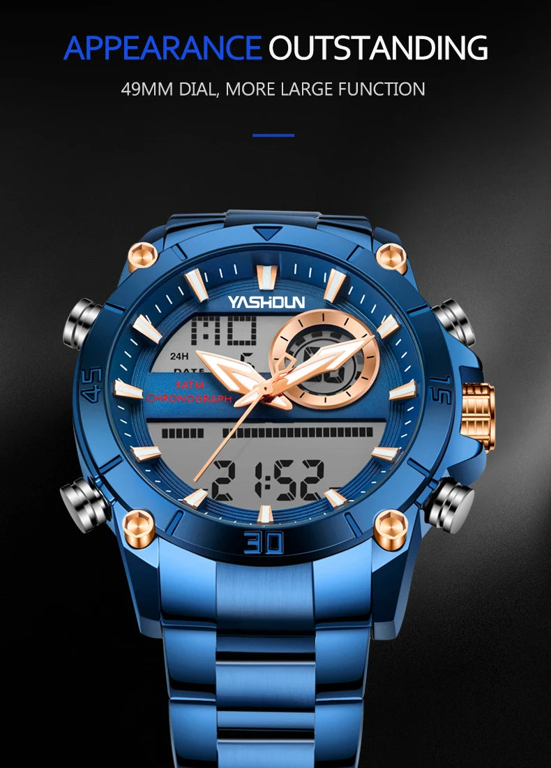 Multi-functional sports men's watch with dual movement electronic steel band luminous waterproof quartz wristwatch
