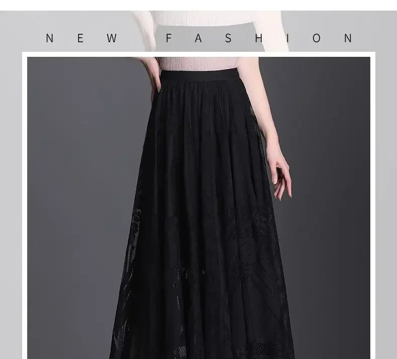 Lace Skirt for Women New Style Popular Versatile A-line Midi Skirt for Large Mesh Hollow Fairy Pleated Skirt