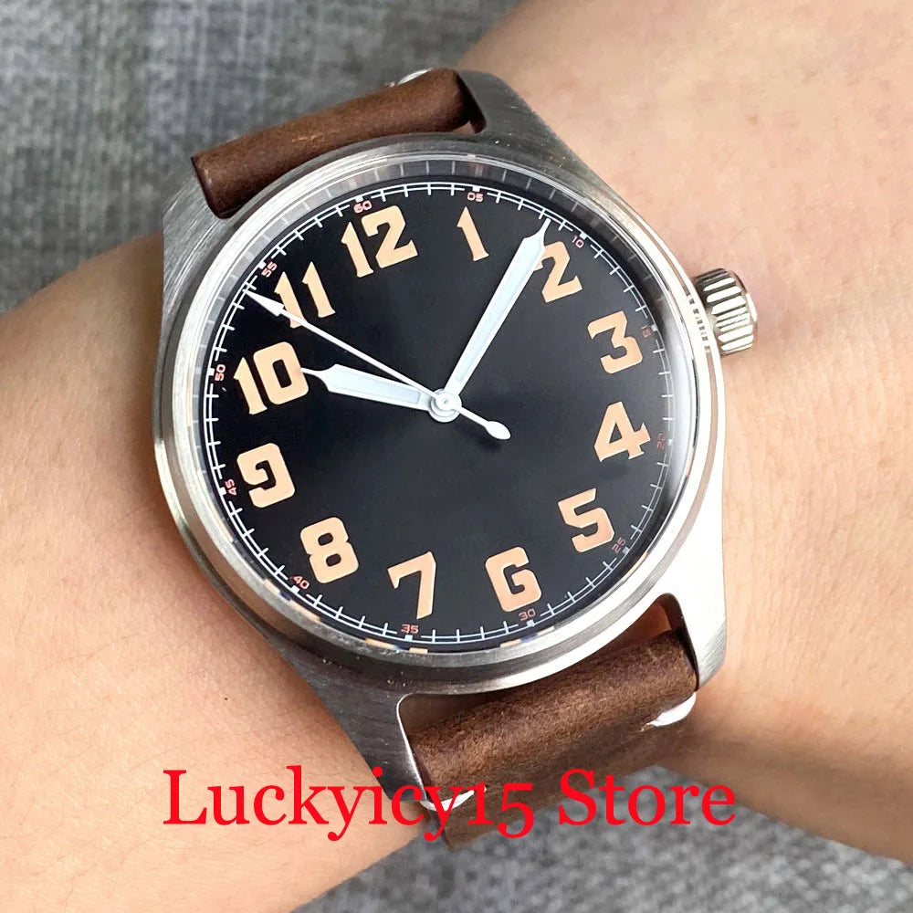 Tandorio Automatic Pilot Watch 39MM 20ATM NH35/PT5000 Movement Wristwatch Leather Strap Sapphire Green Lume Vintage Black Dial