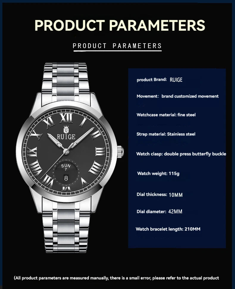 RUIGE hollowed out weekly calendar men's fully automatic mechanical watch stainless steel men's luminous waterproof watch