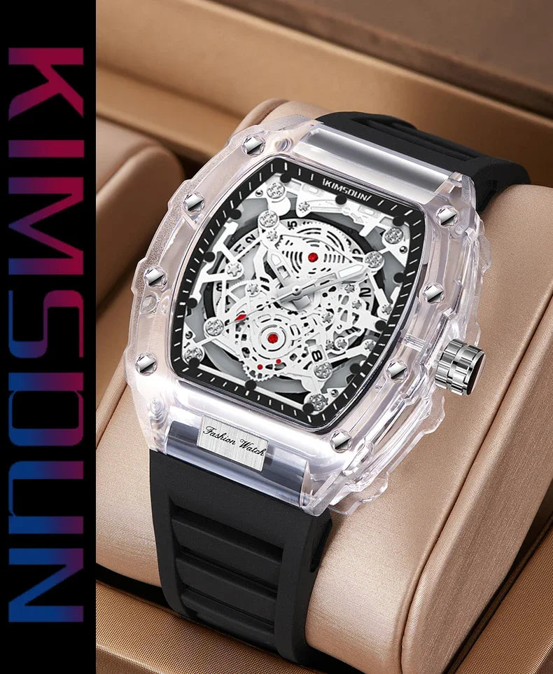 Fashionable Casual Men's Watch Luminous Calendar Function Silicone Strap Tonneau Shaped Transparent Case Men Quartz Watch Reloj