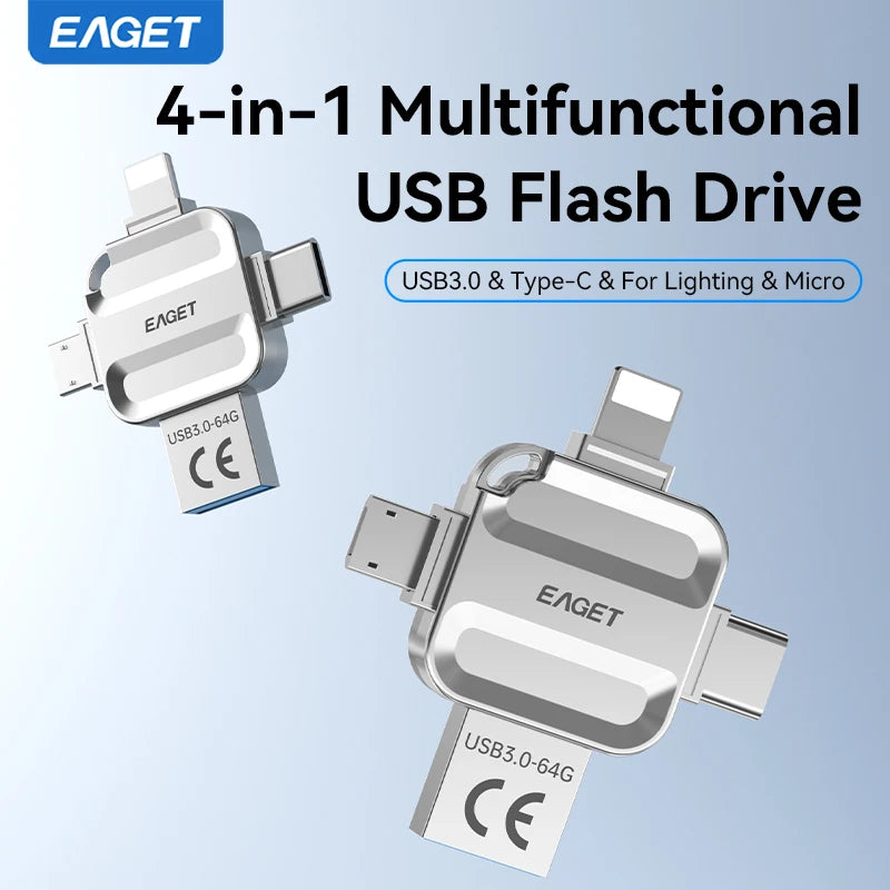 EAGET 4-in-1 OTG USB 3.0 Flash Drive[32GB/64GB/128GB/256GB] Type C Lightning Micro USB for iPhone Android, Memory Stick - i71