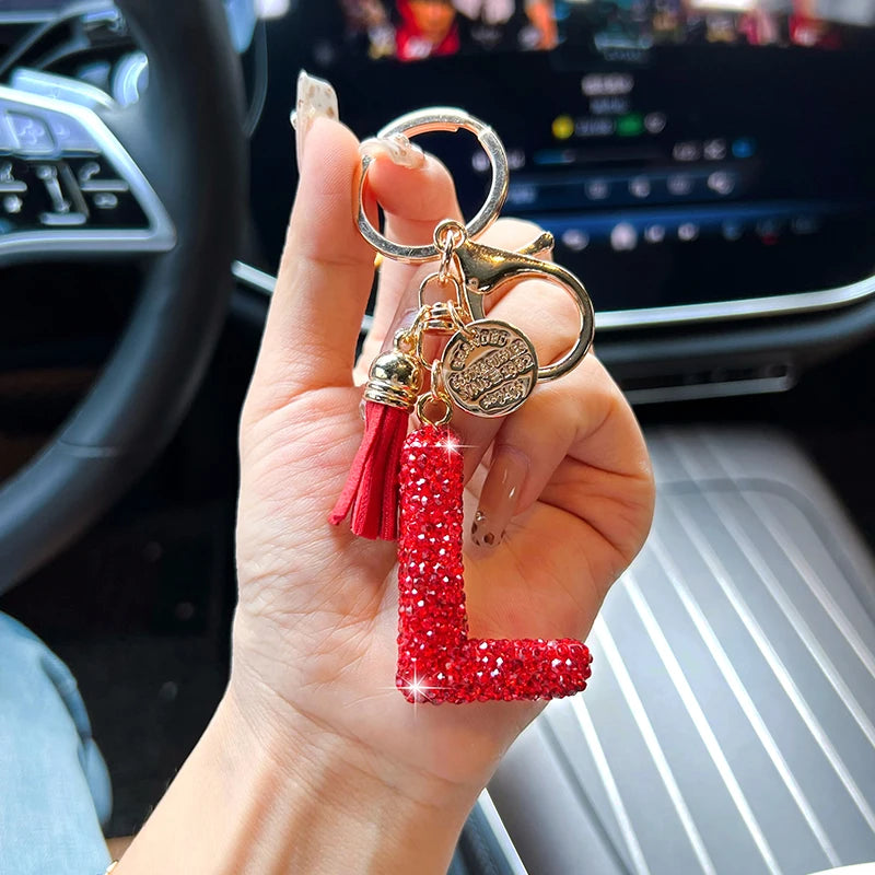 Red English letter car keychain, delicate with diamond bag, pendant, fashionable tassel key chain accessory