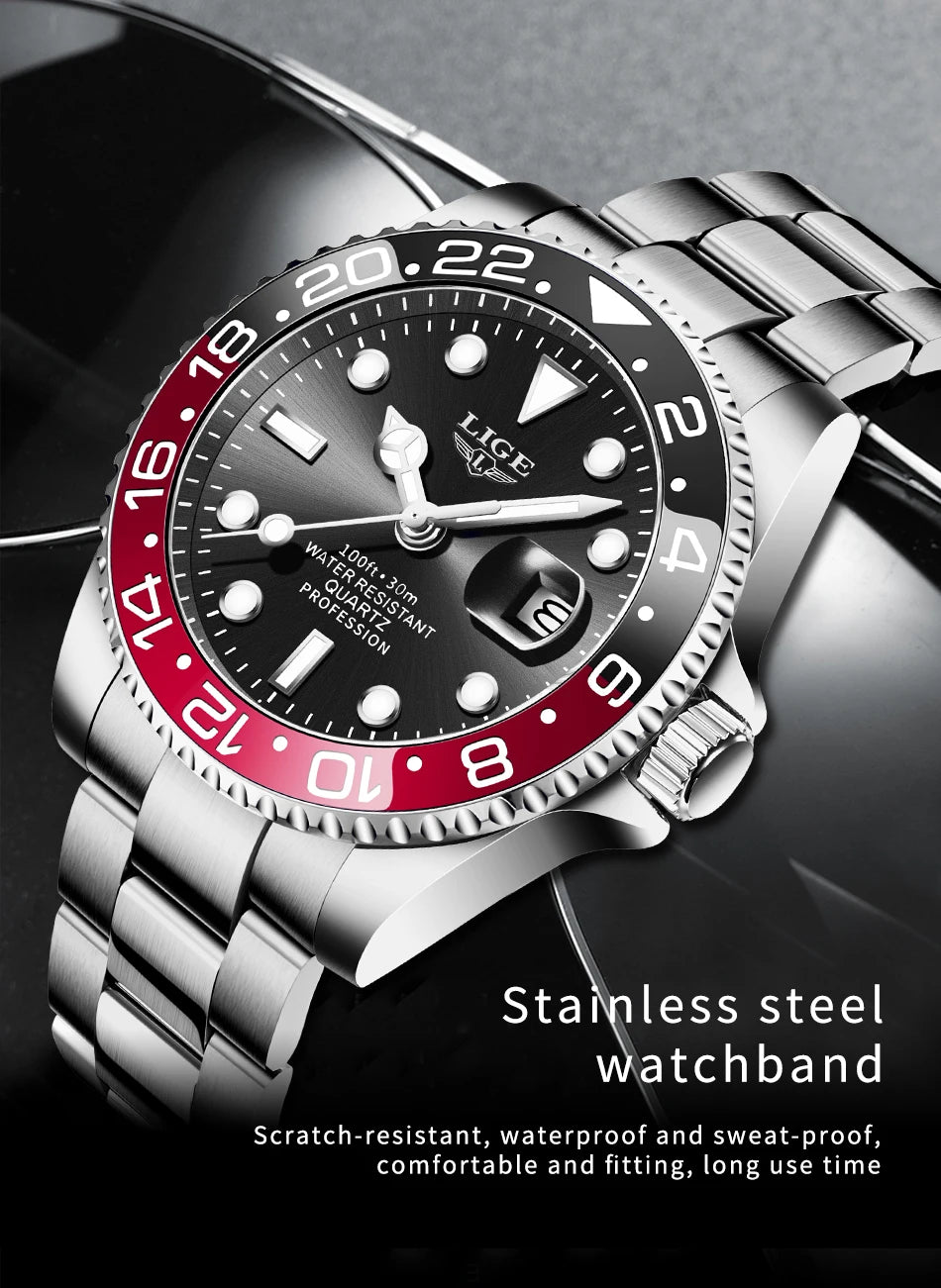 LIGE Top Brand Fashion Mens Watch Business Luxury Quartz Wristwatches Luminous Waterproof Steel Sports Watches Mens Gifts Reloj
