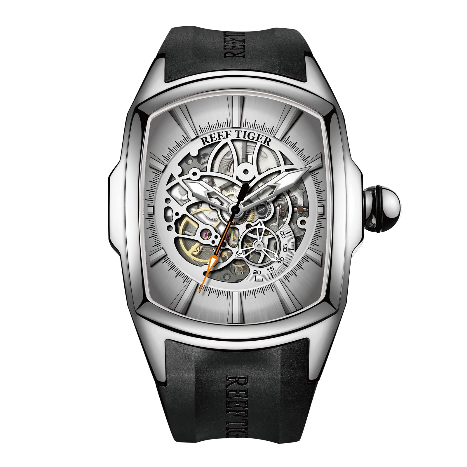 Reef Tiger Men's 316L Stainless Steel Skeleton Automatic Watch Wine Barrel Hollow Waterproof Mechanical Sport Watches RGA3069-S