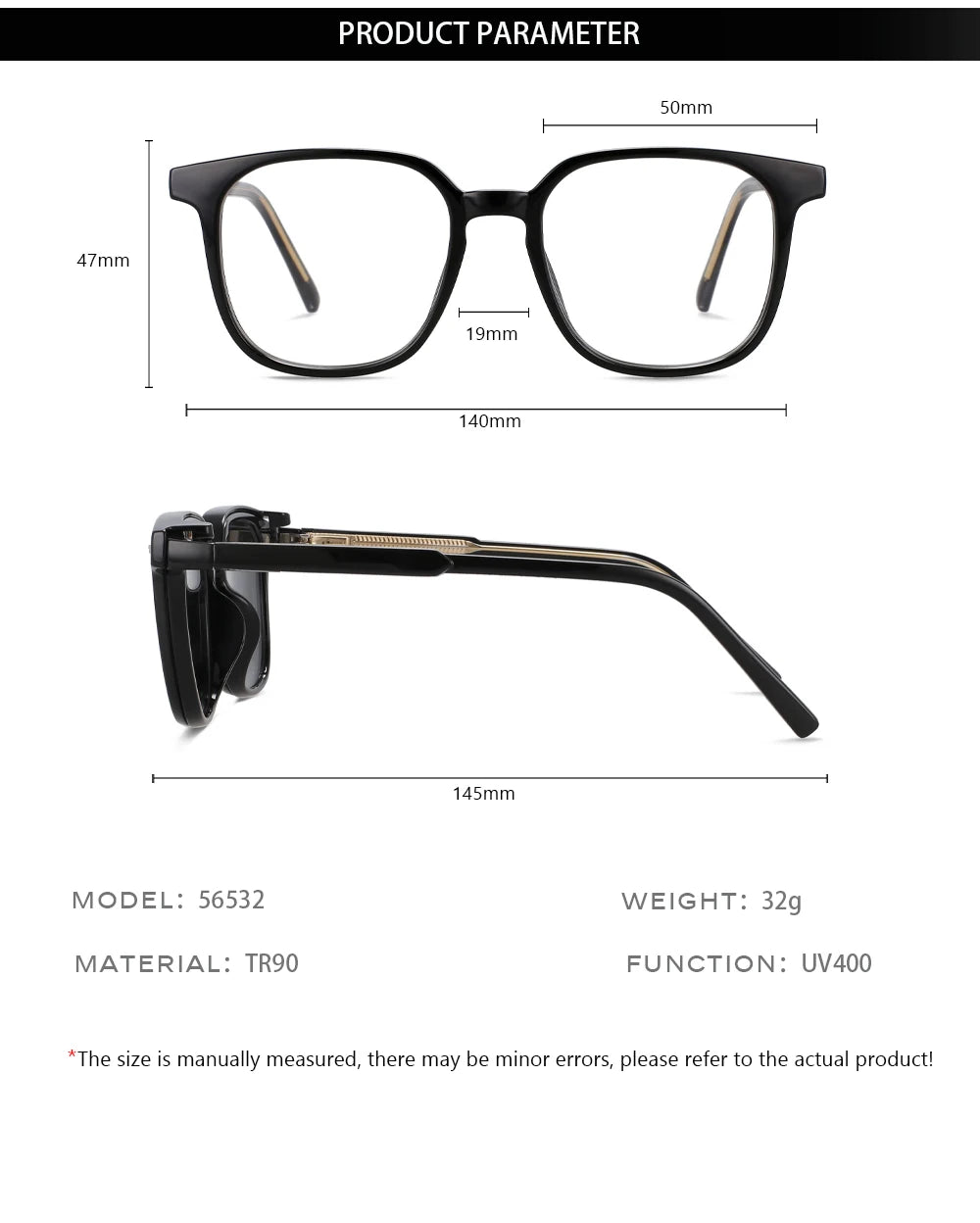 56532 Fashion Anti Blue Light Square Glasses Frames Polarized Sunglasses Magnetic Clip Women Computer Eyeglasses