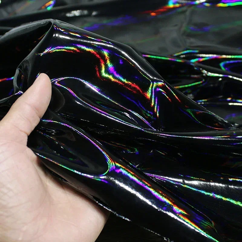 Black Iridescent Synthetic Leather Fabric Technology Oriented Micro Elastic TPU Fabrics Clothing Designer Cloth for Diy Sewing