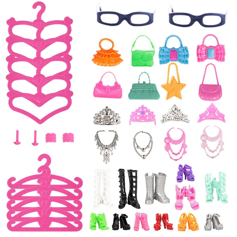 45 Item/Set Doll Accessories=5*Doll Clothes Dress+40*Doll Accessories Doll Shoes Boots Necklaces Glasses Hangers For 30CM Doll