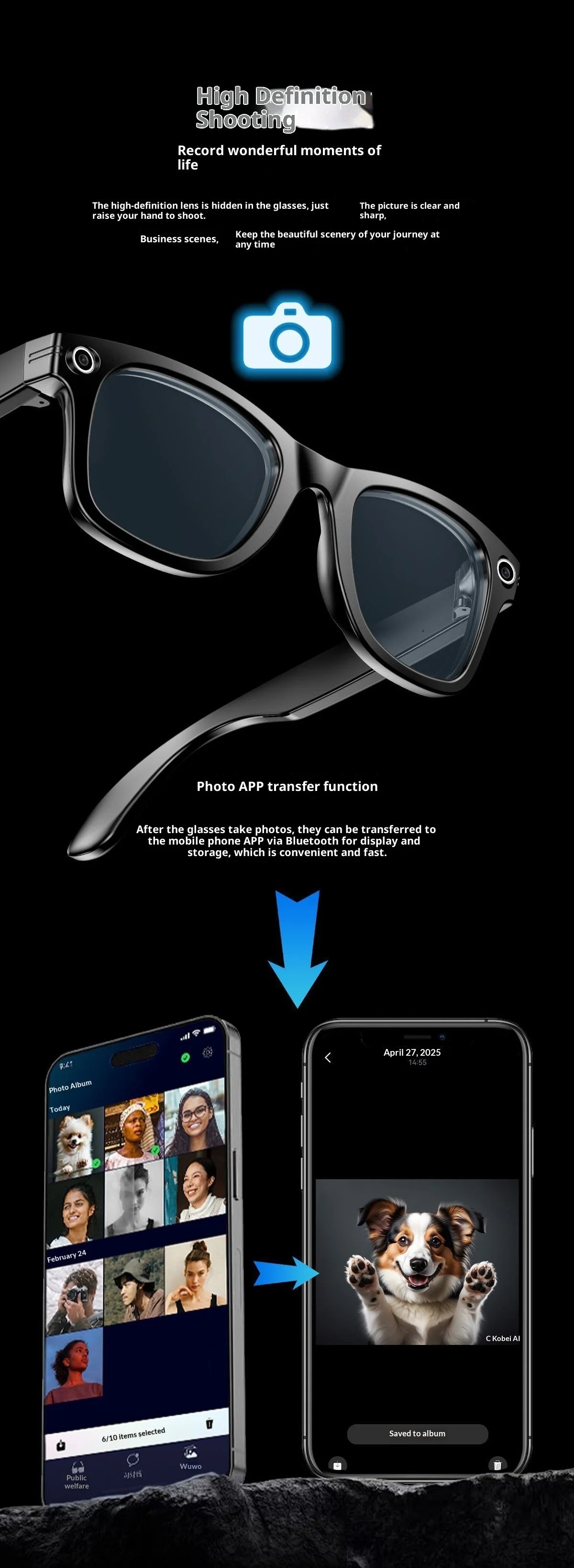 2025 AI Smart Glasses - 8MP Camera for First-Person Vlog, Voice Translation, Music & Calls, IP65 Waterproof, Ultra-Light