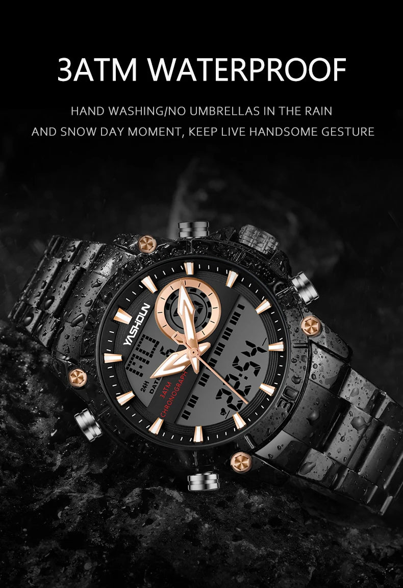 Multi-functional sports men's watch with dual movement electronic steel band luminous waterproof quartz wristwatch