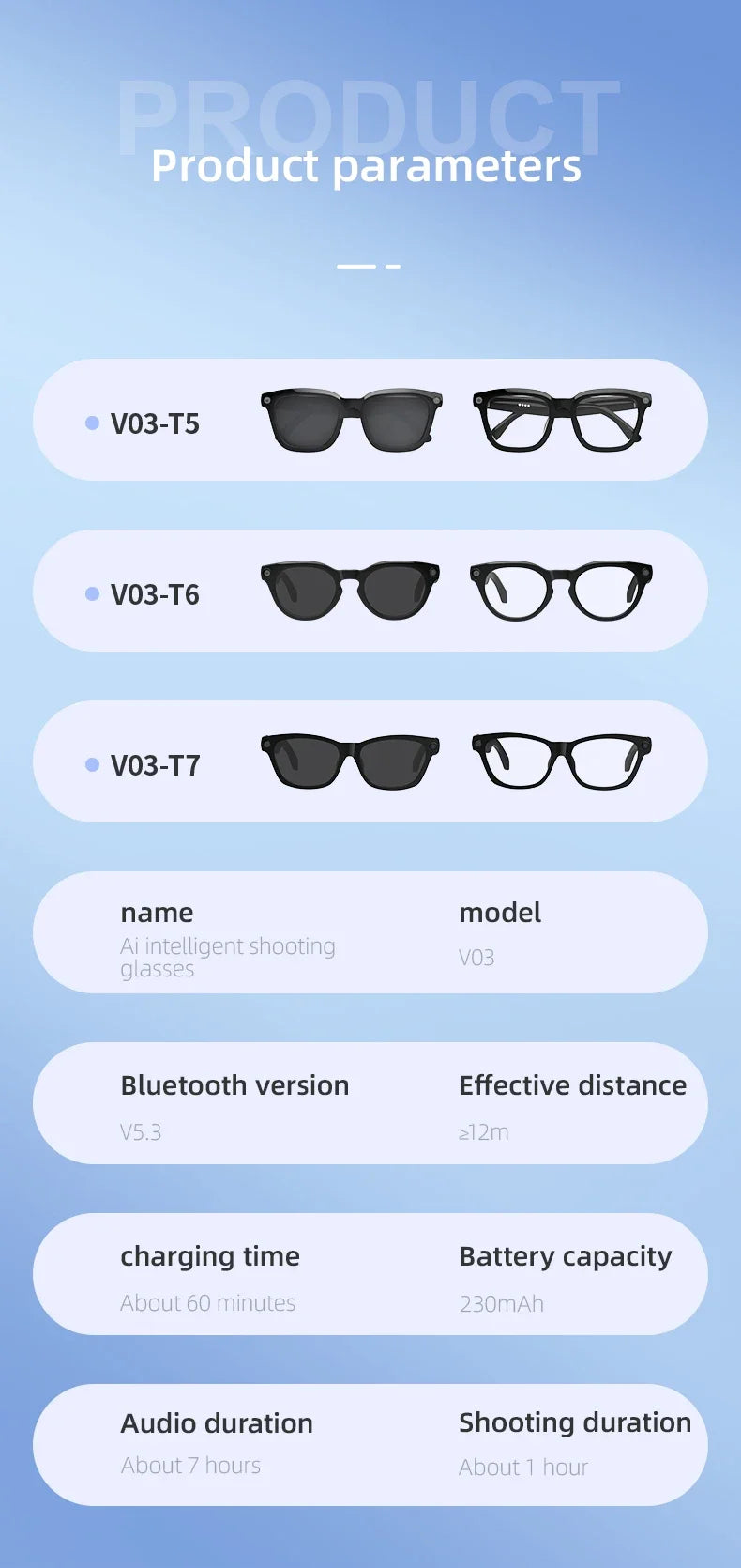 V03-T5 Smart AI Glasses HD Camera 1080P Video Recorder Life Waterproof Al Voice Translation Bluetooth Call Sunglasses Glasses