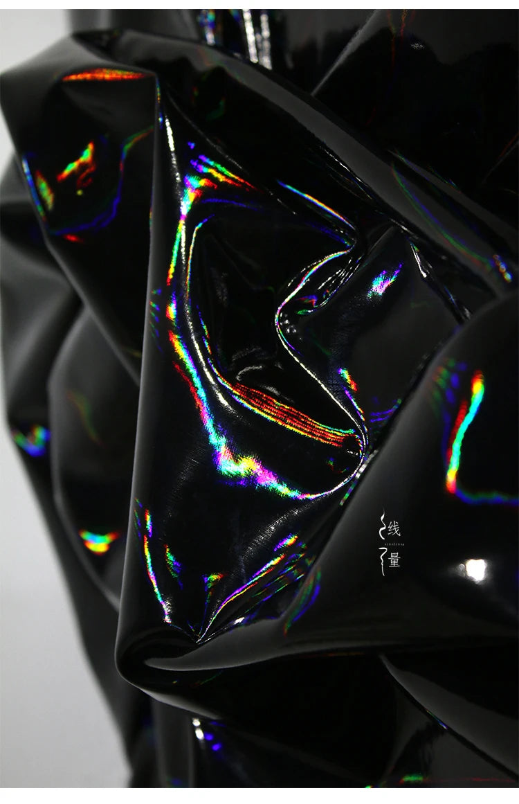 Black Iridescent Synthetic Leather Fabric Technology Oriented Micro Elastic TPU Fabrics Clothing Designer Cloth for Diy Sewing