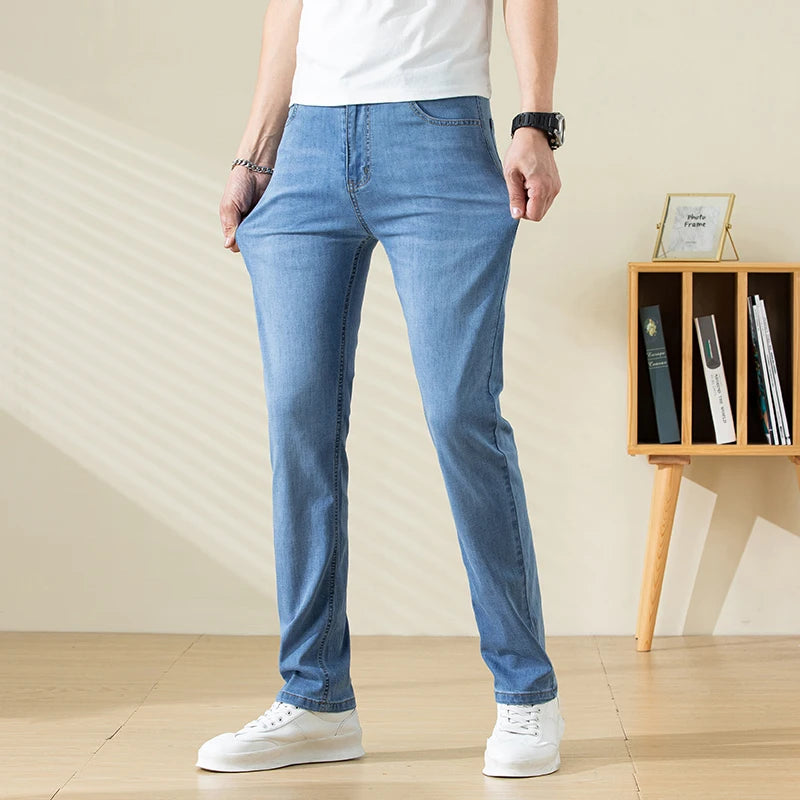 Summer Thin Mens Clothing Cowboys Slim Straight Jeans Men Denim Pants Casual Regular Fitness Men's Trousers Light Blue 2025