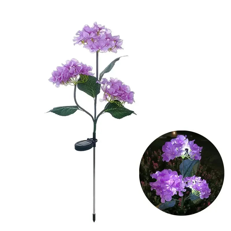 Garden Summer Home Weddig Holiday Decor 3 Heads Artificial Hydrangea Flower Landscape Ground Lights Outdoor Solar LED Lawn Lamp