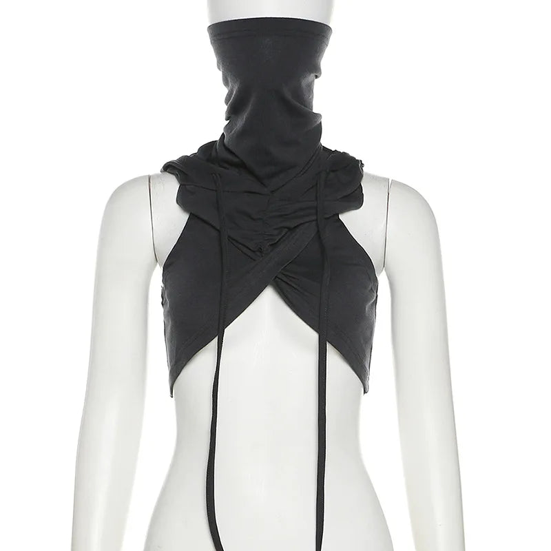 Summer Fashion Trend Solid Colour Y2k Tops New Casual Hooded Lace-Up Crop Top Sexy Slim High Neck Sleeveless Women Clothing