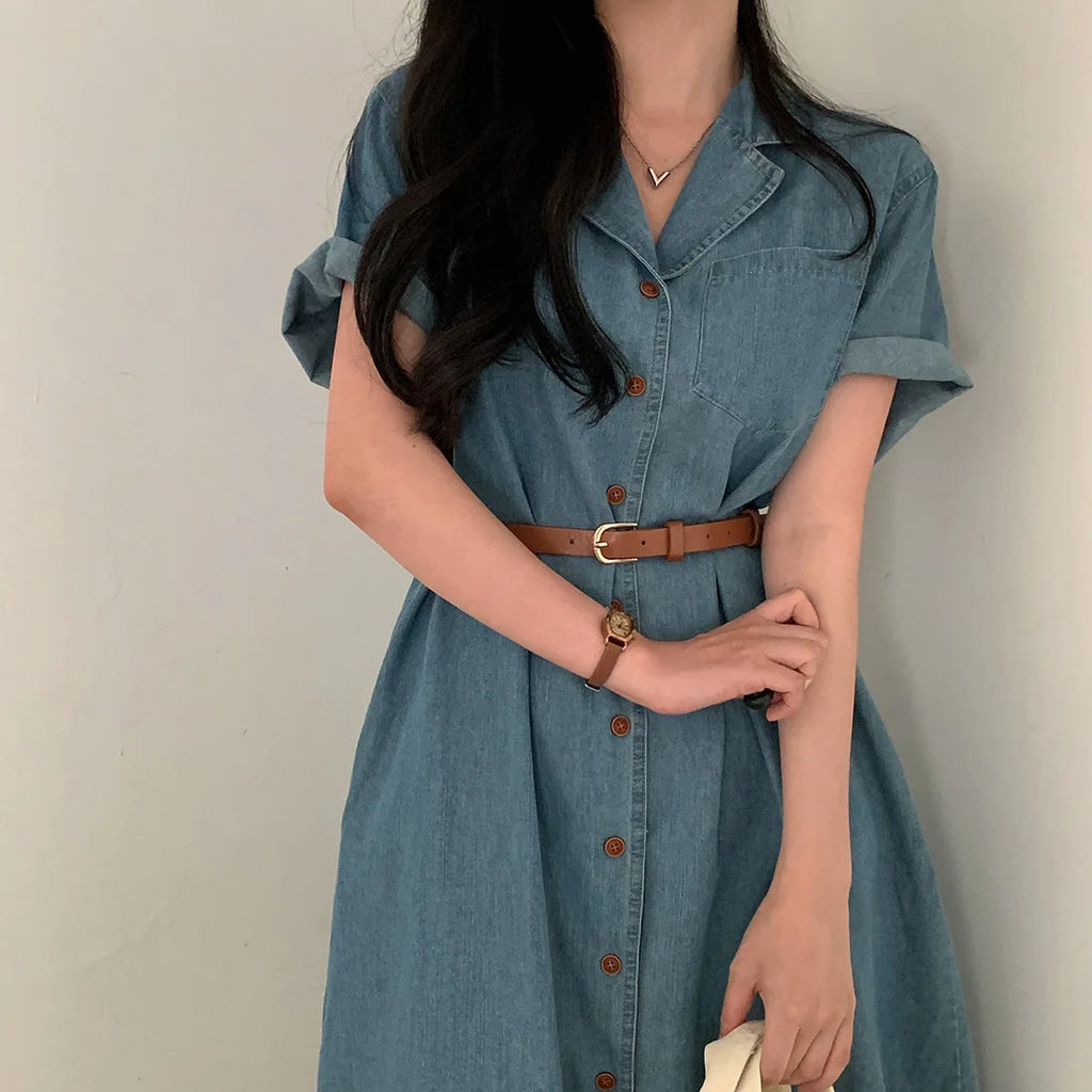 Slimming Chic Retro Chic Long Dr with Belt High Waist A-Line Skirt ort Sve Korean Sle Commute Dr Denim Dr