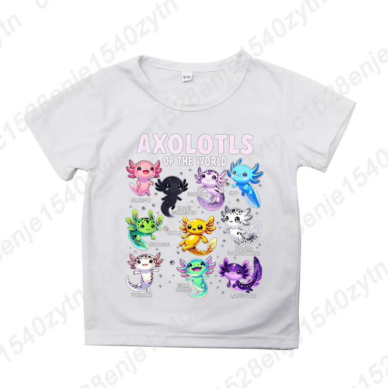 Colorful Cartoon Axolotls Graphic Print Tee, Girls' Casual & Comfy Crew Neck Short Sleeve T-shirt For Spring & Summer