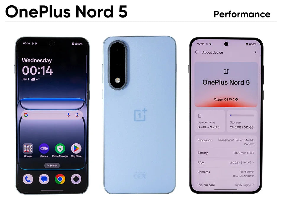 OnePlus Nord 5 Smartphone 5G Snapdragon 8s Gen 3  6.83”AMOLED Display 144 Hz 5200mAh 80W SUPERVOOC Charging 50MP Dual Cameras