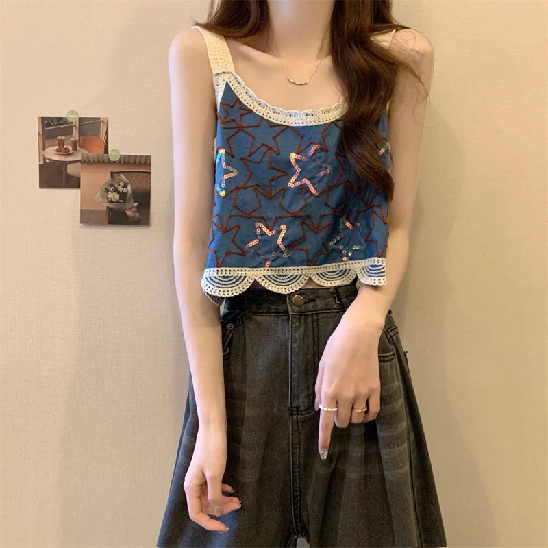 Star Embroidered Crochet Tank Top for Women Sleeveless Crop Camis Teen-girl Bohemian Spring Summer 2026 Festival Outfit