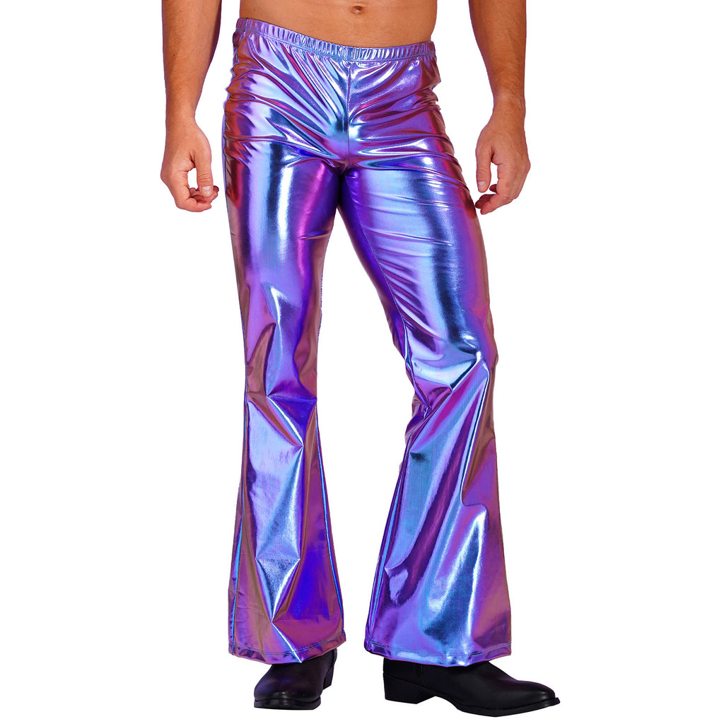 Men Metallic Shiny Flared Pants Retro Disco Costume Elastic Waistband Bell Bottom Trousers Long Pants 70s Party Show Clubwear