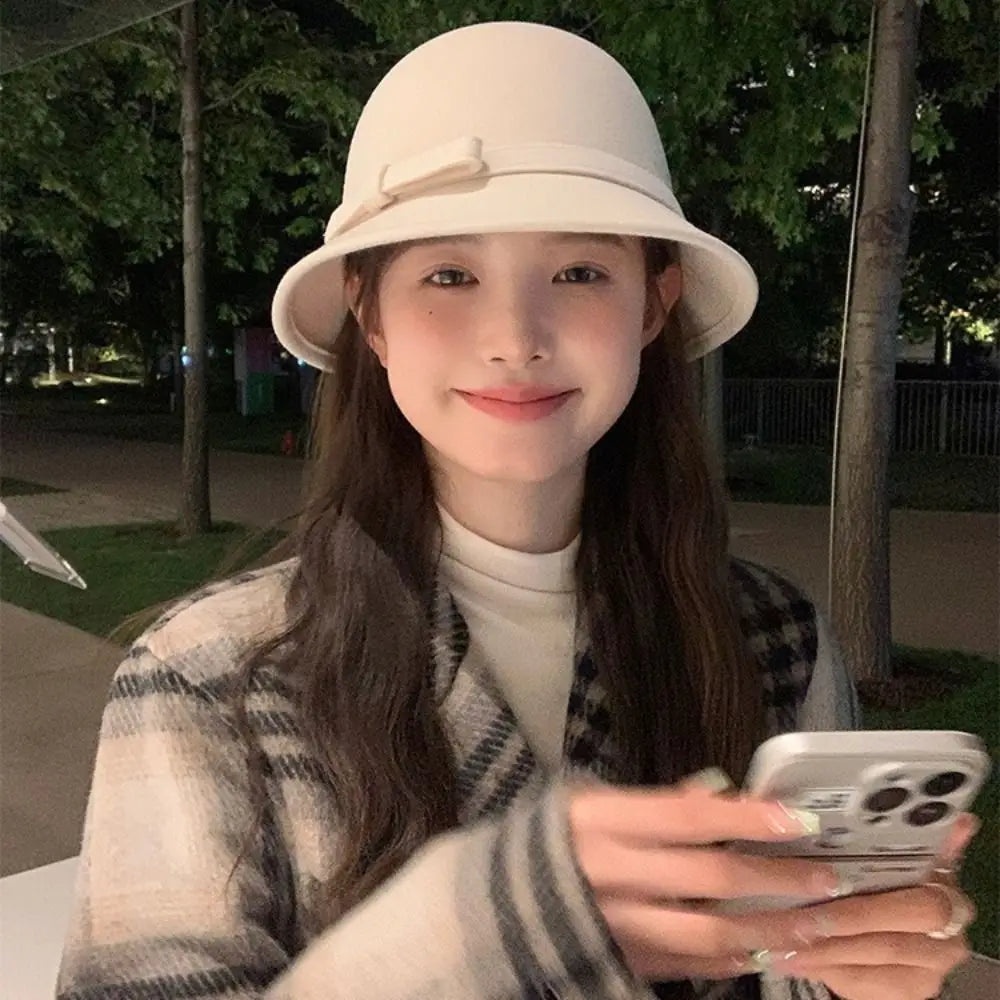 Retro Hepburnesque Felt Formal Hat Panama Cap Wealthy Heiress Style Bowknot Bucket Hat British Style Travel