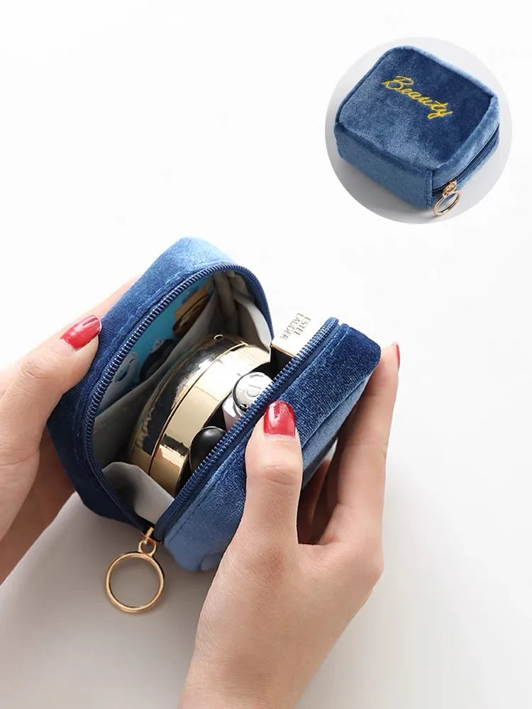 Velvet Embroidery Cosmetic Bag Sanitary Pad Pouches Portable Durable Makeup Lipstick Data Cables Organizer Toiletry Beauty Case