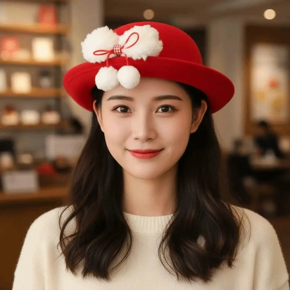 Top Hat Vintage Looking Red Bowler Hats Beret Japanese Style Woolen Bucket Cap Versatile Bow Girls Dome Hat Performances