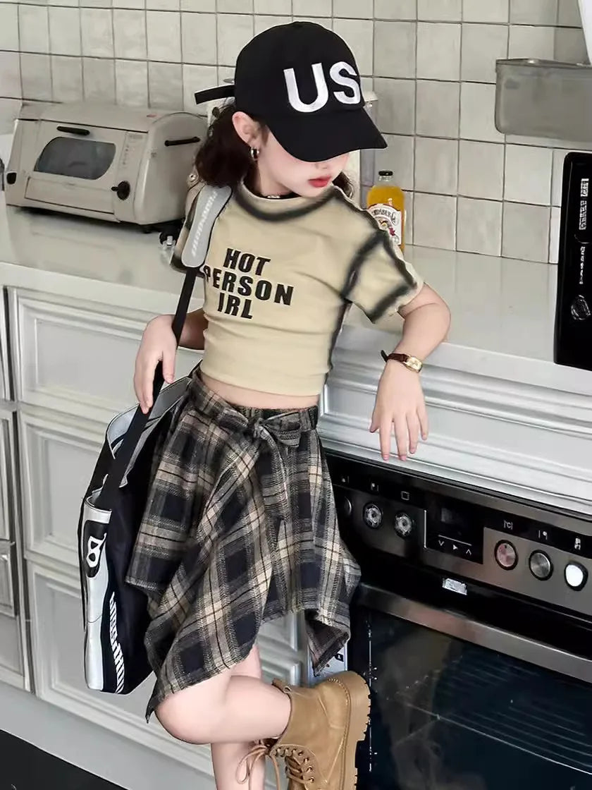 junior Girls Summer skirt Set 2024 Fashion Cotton Short t-shirt Irregular plaid Skirt Two Piece kids clothes suit child outfits