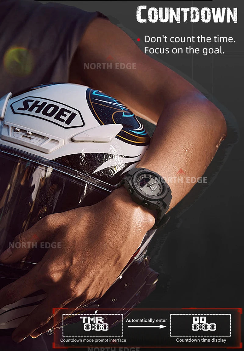 NORTH EDGE FORTRESS Men's Sports Watches Stopwatch Men's Digital Watches World Time Wristwatch relógios masculino Waterproof 50M