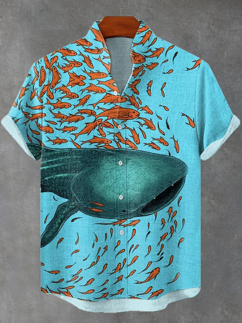 Fashion Men's Casual Sea Life Graphic Short Sleeve Shirt Button Down Lapel Shirts Oversized Tops Casual Hawaiian Shirt for Man