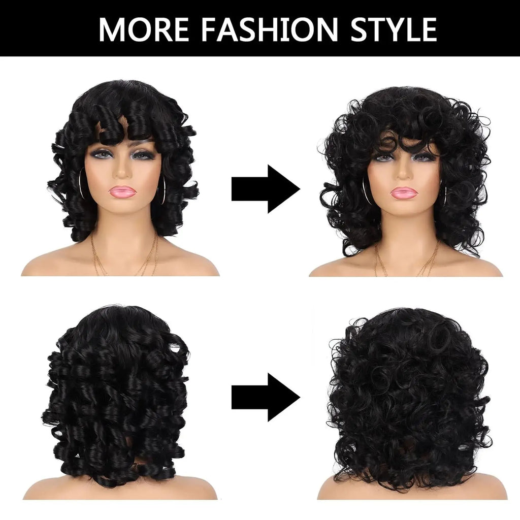 Tereshar Synthetic Short Afro Curly Wig with Bangs Big Bouncy Fluffy Short Kinky Curly Wig for Women Girls