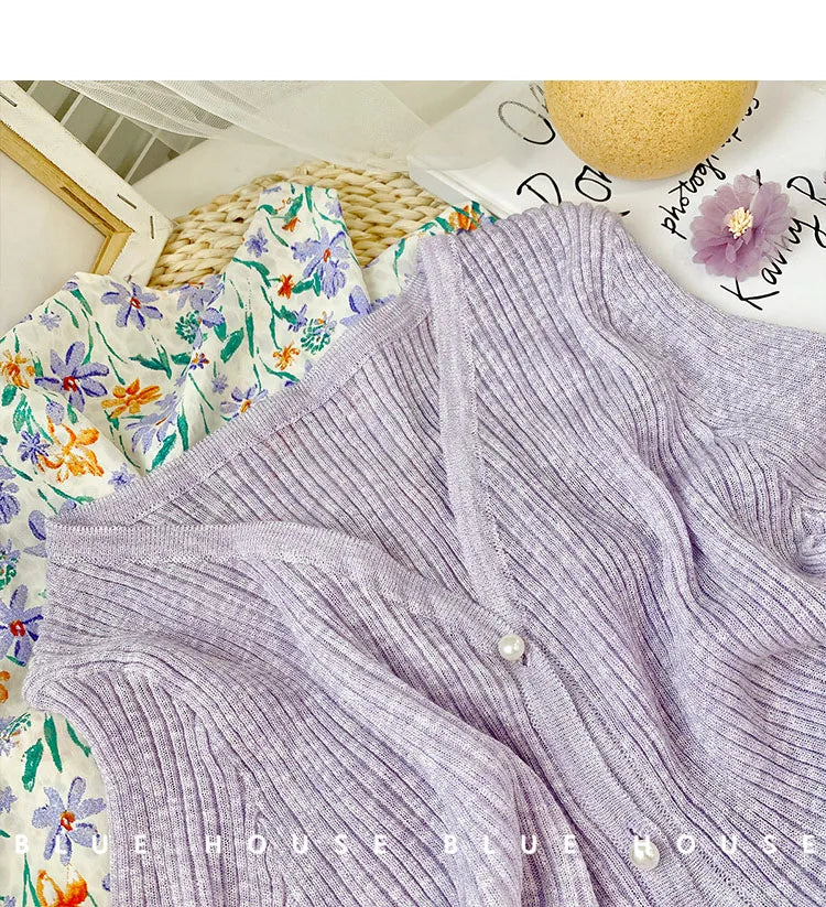 Women 2026 Spring Summer Short Pearl Button Thin Casual Coat Gentle Ruffle Trim Long Sleeve Ice Silk Sunscreen Knitted Cardigan