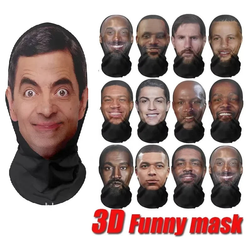 NEW 3D CR7 Messi Seamless Mask Funny Face Printed Head Scarf Famous Person Ice Silk Sunscreen Head Mask Halloween Cosplay