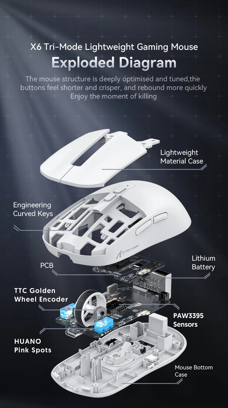 Attack Shark X6 Wireless Gaming Mouse Bluetooth Tri-Mode Connection,RGB Touch Magnetic Charging Base PAW3395 Macro Gaming Mouse