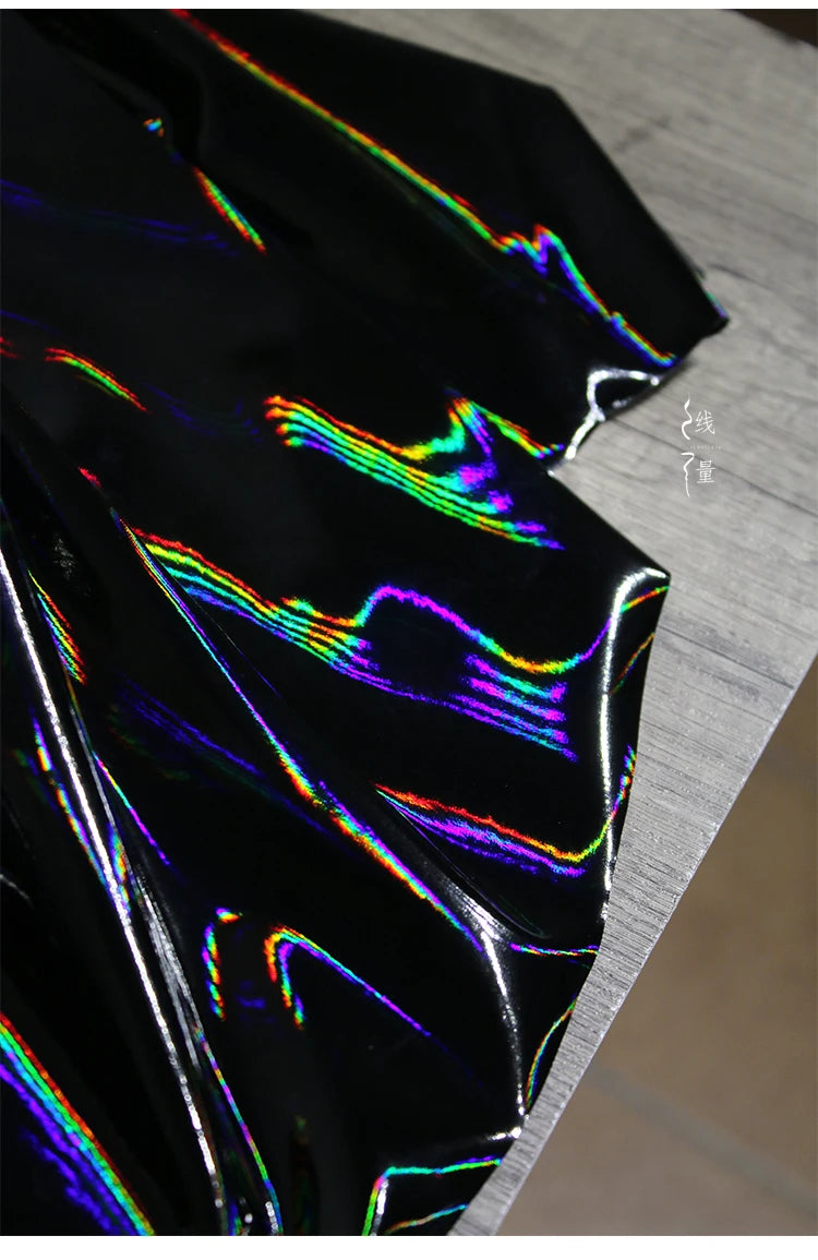 Black Iridescent Synthetic Leather Fabric Technology Oriented Micro Elastic TPU Fabrics Clothing Designer Cloth for Diy Sewing