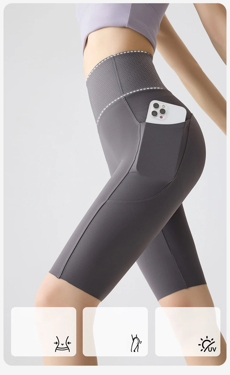 BIVIGAOS Summer Pocket Yoga Sharkskin Bicycle Shorts Women Thin High Waist Push Up Naked Feeling Sports  Fitness Cycling Shorts