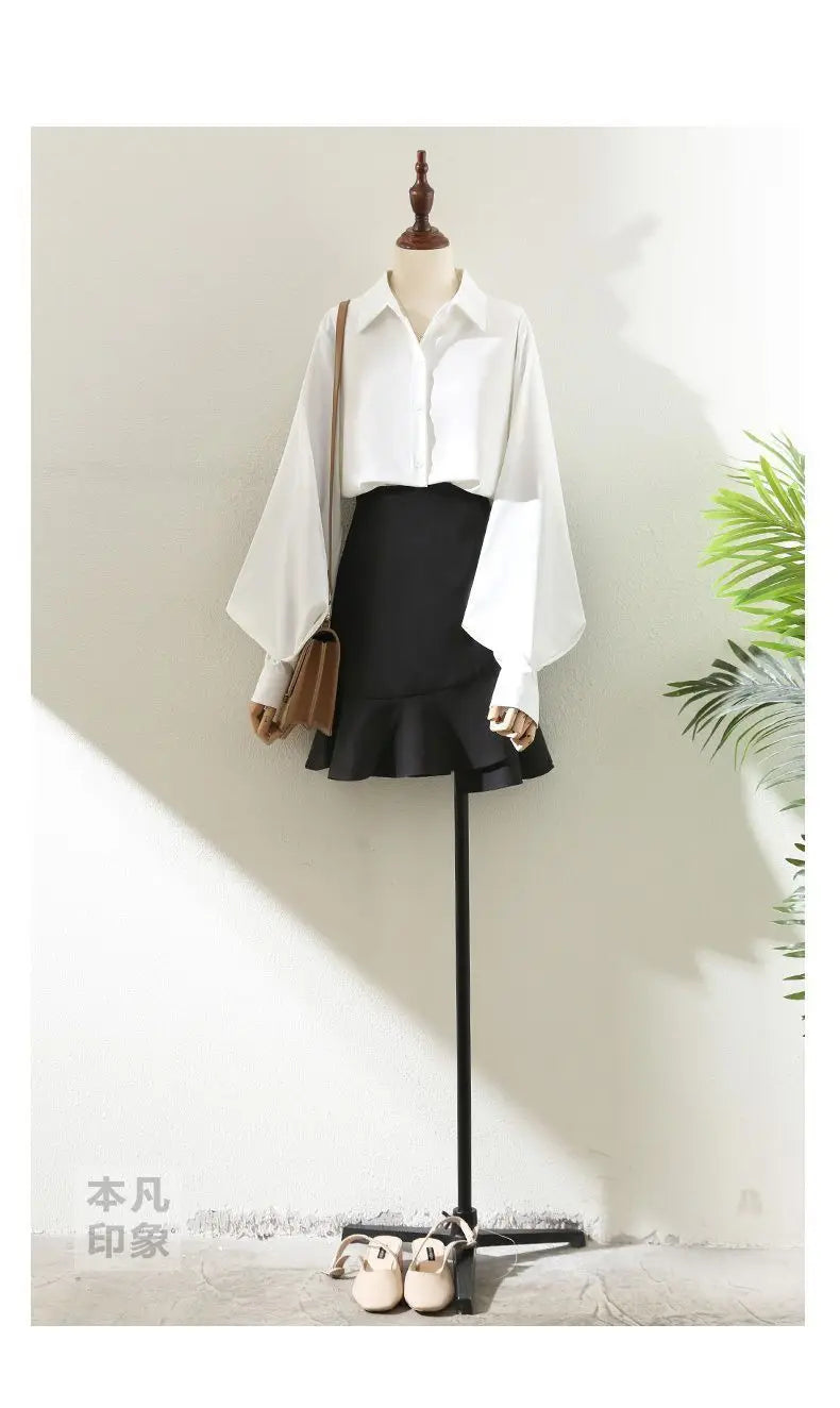 Blouses Tops Women White Black Long Lantern Sleeve Office Lady Temperament Autumn Winter Basic All-match Design Chic Female New