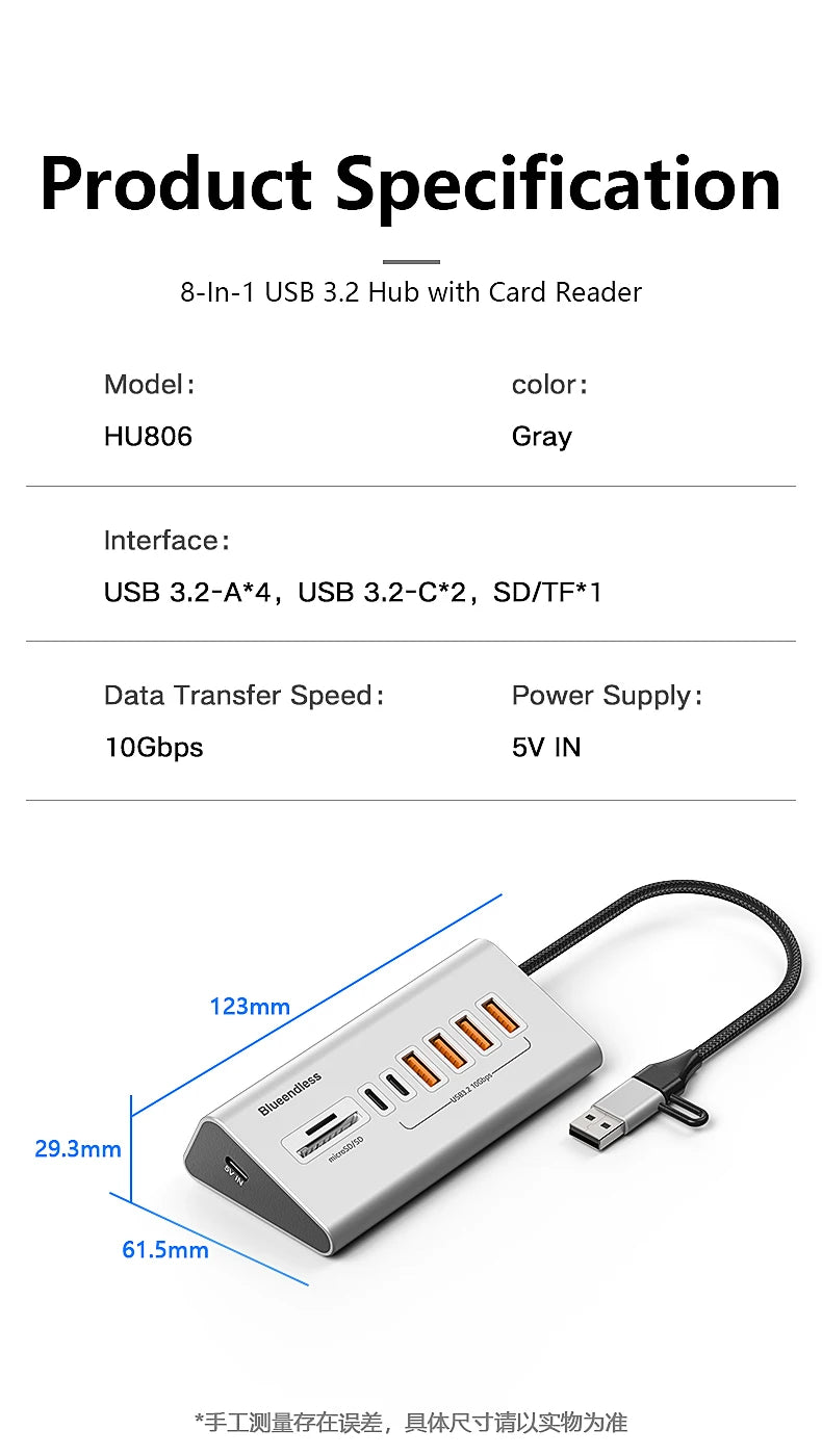 9 in 2 USB C Hub To USB 3.2 Aluminum Docking Station 10Gbps Type C 3.2 Splitter with SD/TF Card Reader for PC Laptop Tablet