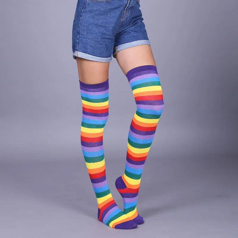 Red Rainbow Socks Rainbow Stripe Long Cross Knee Socks European and American Extended Edition