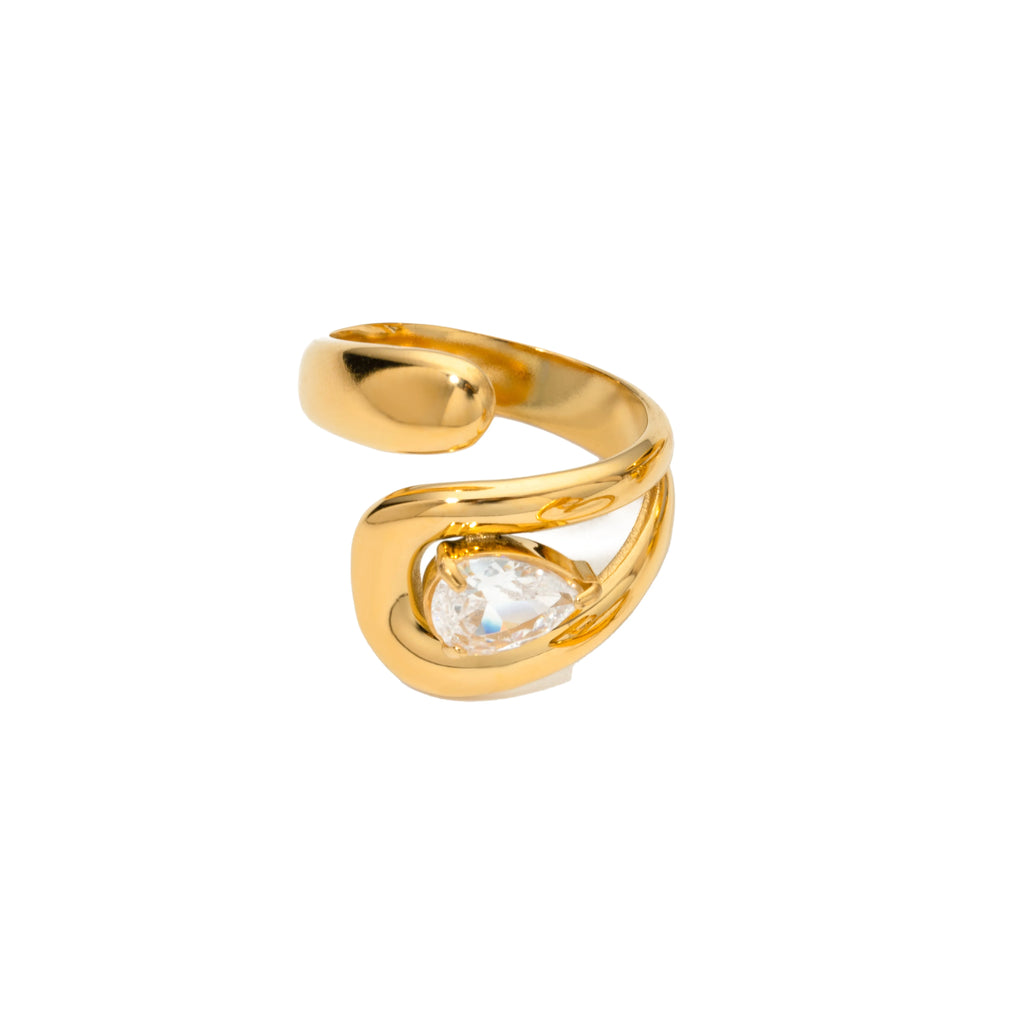 18K Gold Plated Stainless Steel Water Drop Shaped Large Zircon Opening Ring Anti Allergic Women Waterproof Statement Jewelry