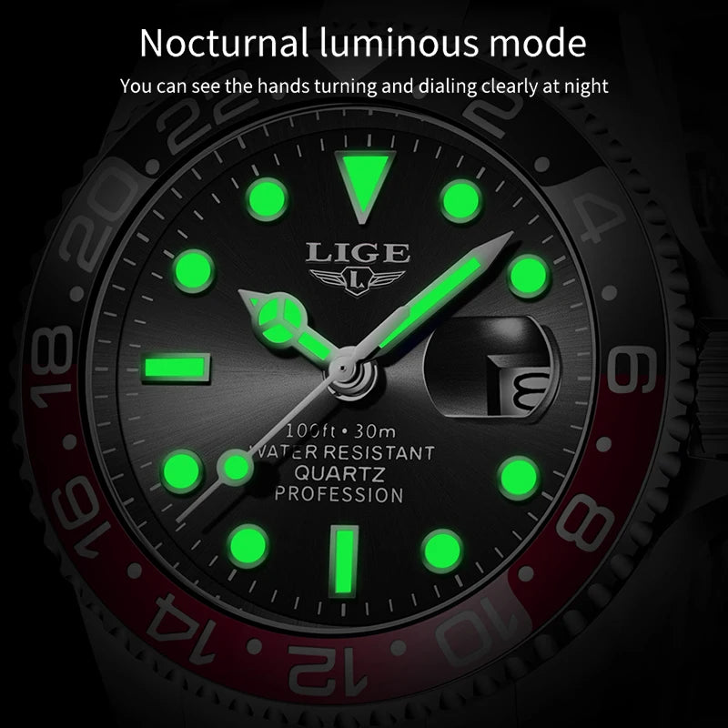 LIGE Top Brand Fashion Mens Watch Business Luxury Quartz Wristwatches Luminous Waterproof Steel Sports Watches Mens Gifts Reloj