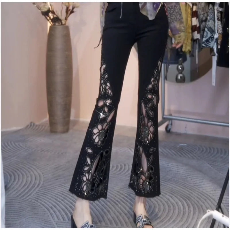 Summer 2026 New Fashion Hollowed-out Embroidered Brick Jeans for Women, High-waisted, Form-fitting 9-inch Slightly Flared Pants