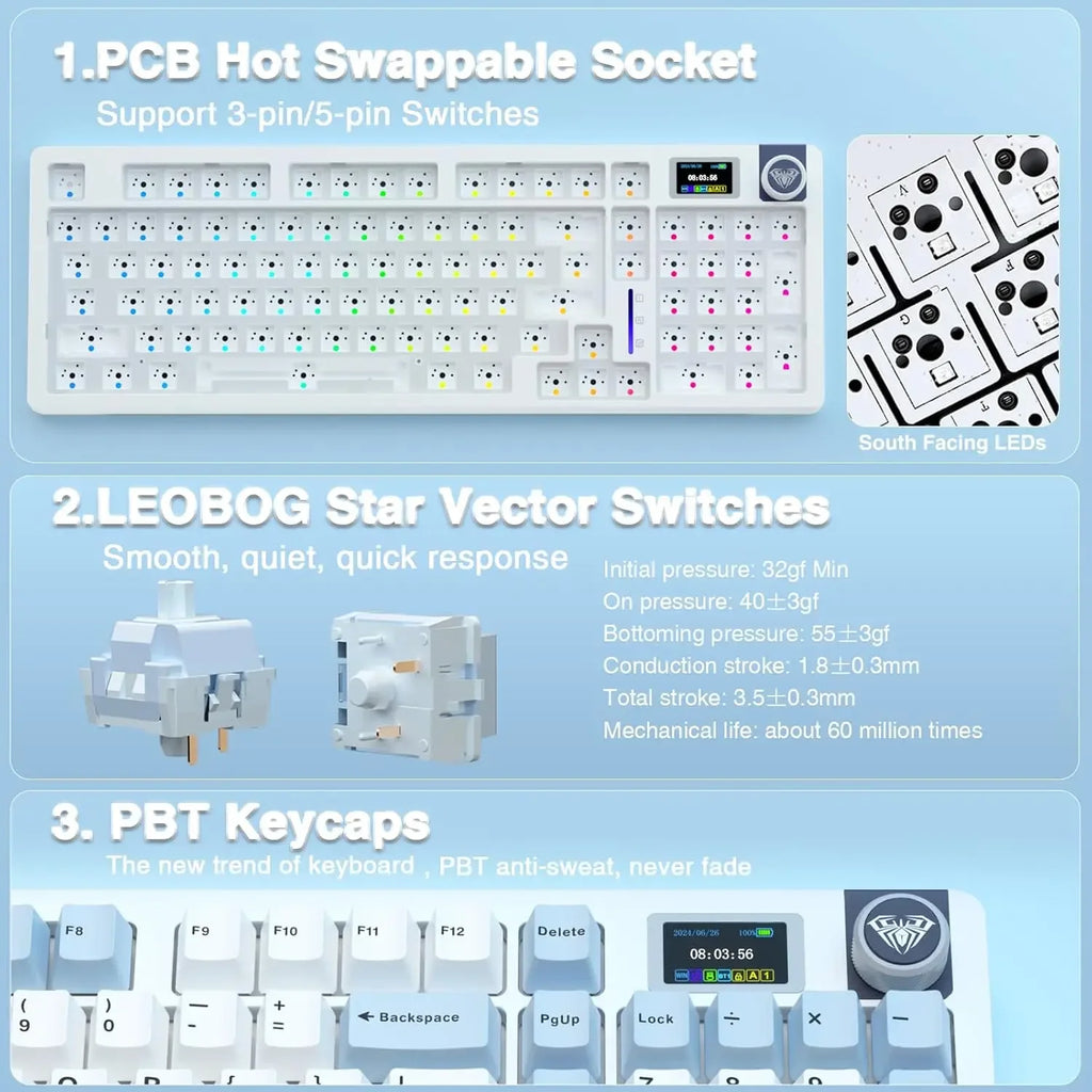 AULA S98pro Wireless Gaming Keyboard BT/USB-C/2.4G PBT Keycaps RGB Hot-swap Esports Mechanical Keyboard with Multi-function Knob