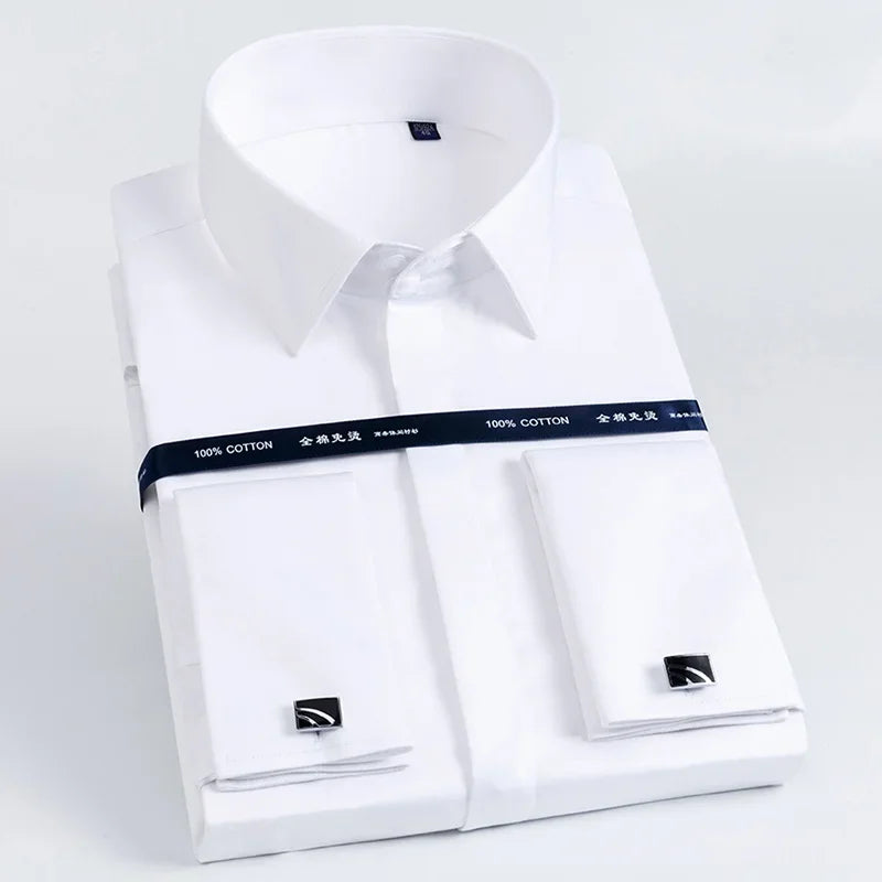 2026 Iron Free French Cufflink Long Sleeves Slim Fit 100% Cotton  Men's Concealed Buttons Solid Color High-end Wedding Dress