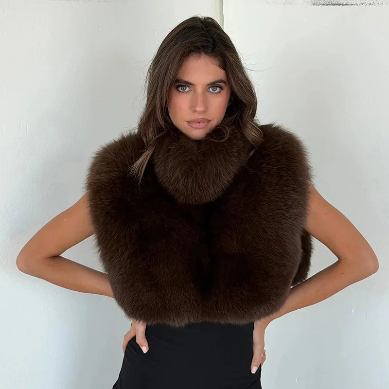 Turtleneck Furry Tank Tops Women Trend Sexy Side Split Chic Fall Trend Midnight Basic Street Furs Hipster Clubwear Vest Crop Top