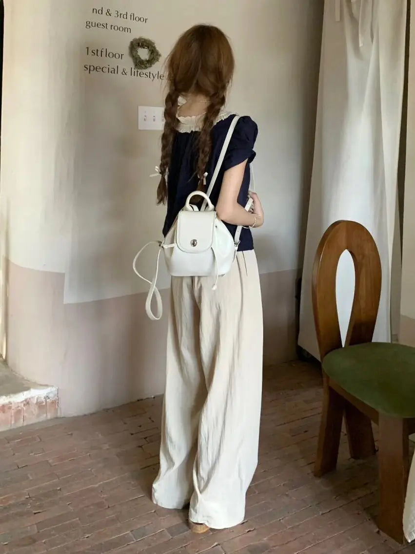 Women Summer 2025 New Short-sleeved Shirt Top High Waist Loose Wide-leg Pants Two-piece Set