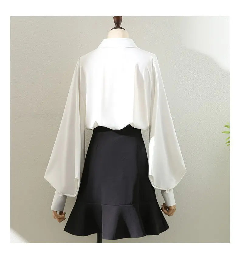 Blouses Tops Women White Black Long Lantern Sleeve Office Lady Temperament Autumn Winter Basic All-match Design Chic Female New