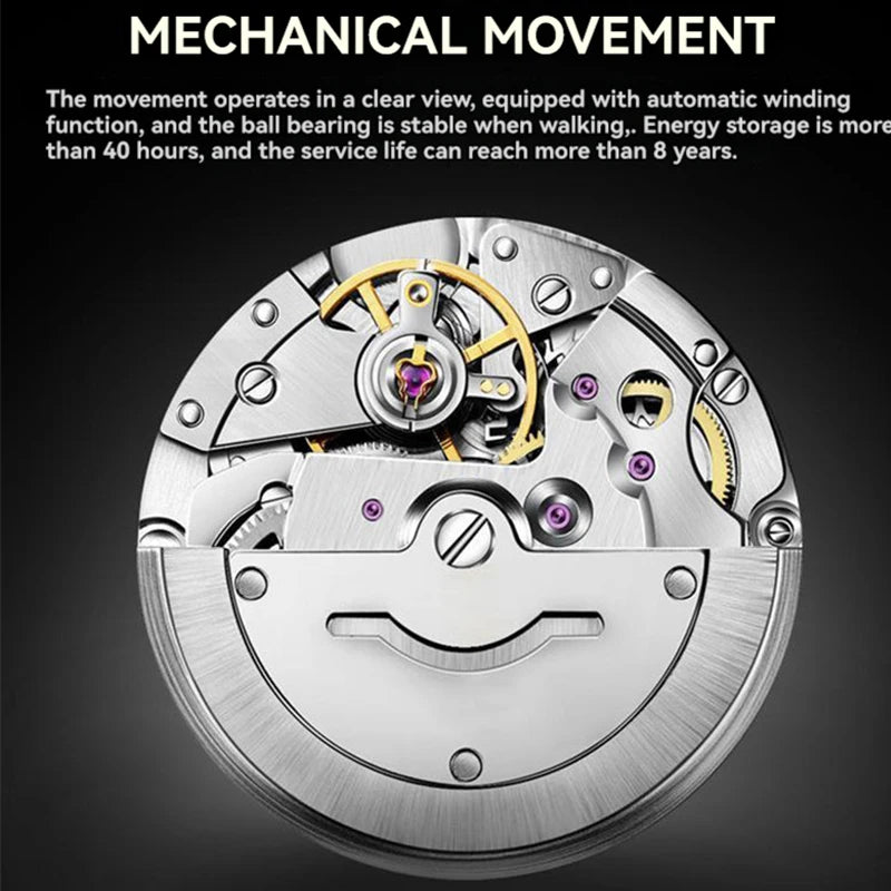 RUIGE hollowed out weekly calendar men's fully automatic mechanical watch stainless steel men's luminous waterproof watch