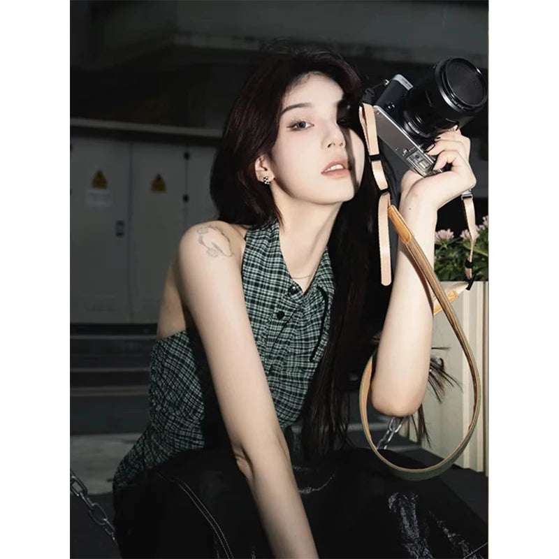 MEXZT Y2K Plaid Tanks Tops Women Vintage Sexy Halter Camis Summer Gyaru Harajuku Aesthetic Sleeveless Casual Design Clothes New