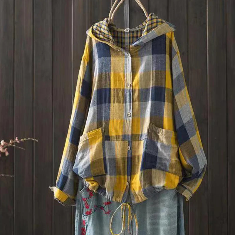 Large size blouses for women autumn hooded long sleeve single-breasted plaid shirts cotton checkered oversized shirt outwear